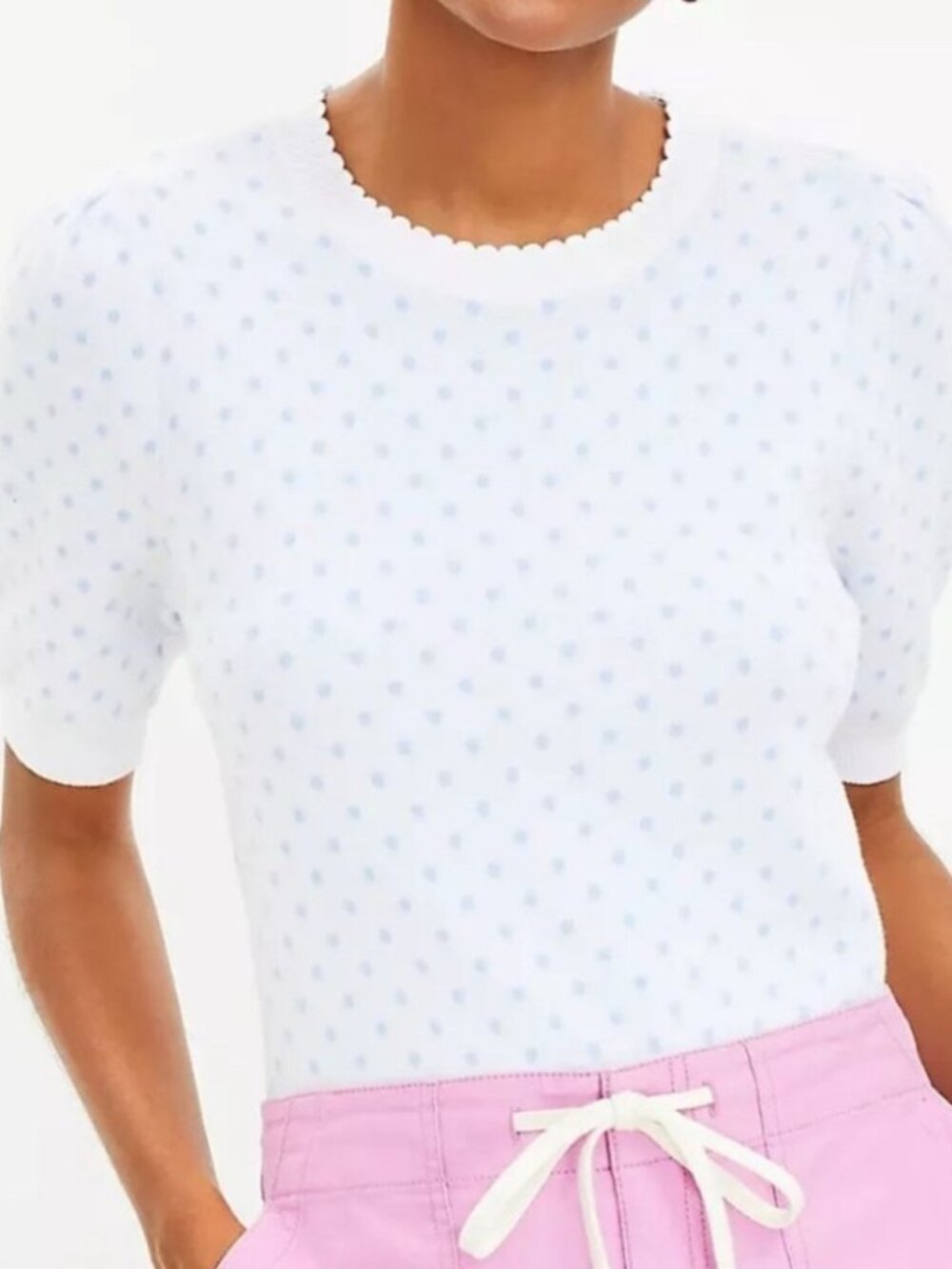 EUC LOFT White & Blue Polka Dot Puff Sleeve Cotton Sweater | Size XXS Petite